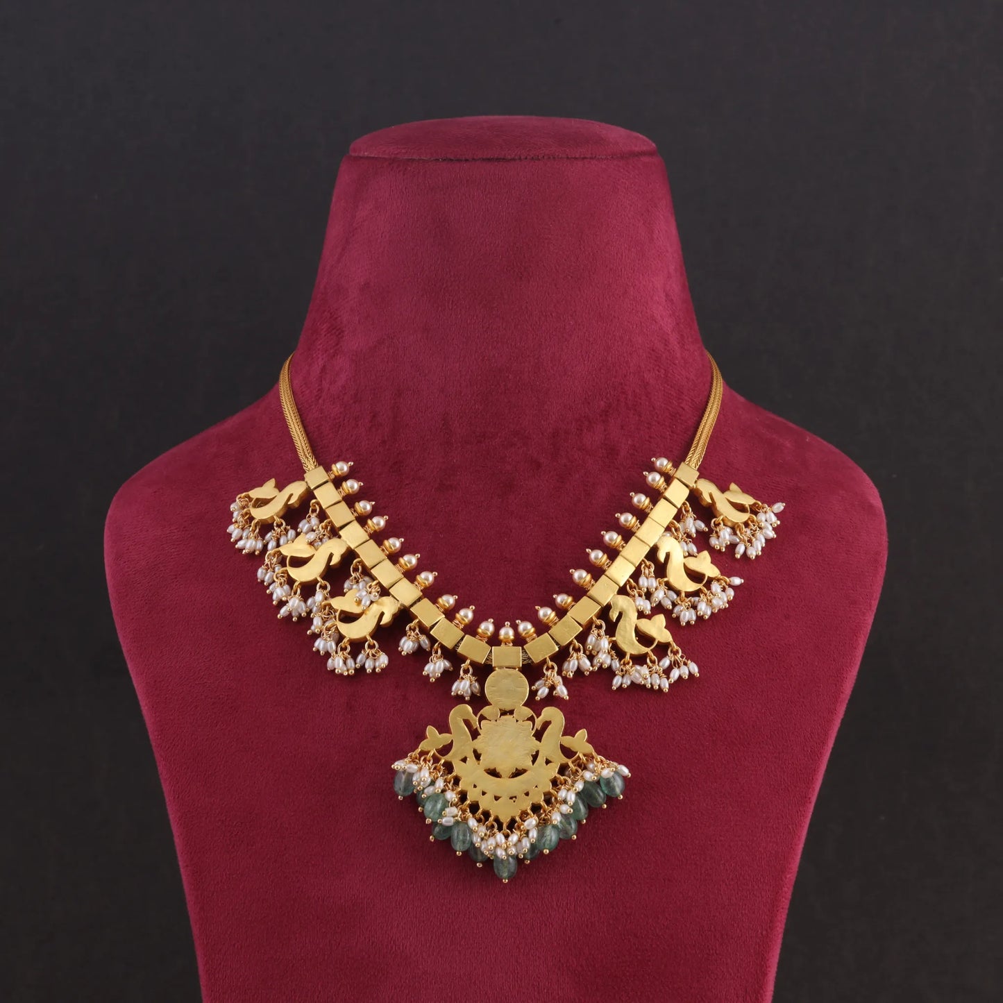 Traditional Peacock Guttapusalu Jadau Kundan Necklace with Emerald Green Hangings and Rice Pearls