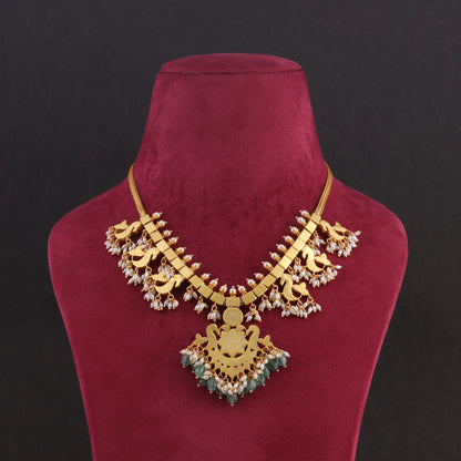 Traditional Peacock Guttapusalu Jadau Kundan Necklace with Emerald Green Hangings and Rice Pearls