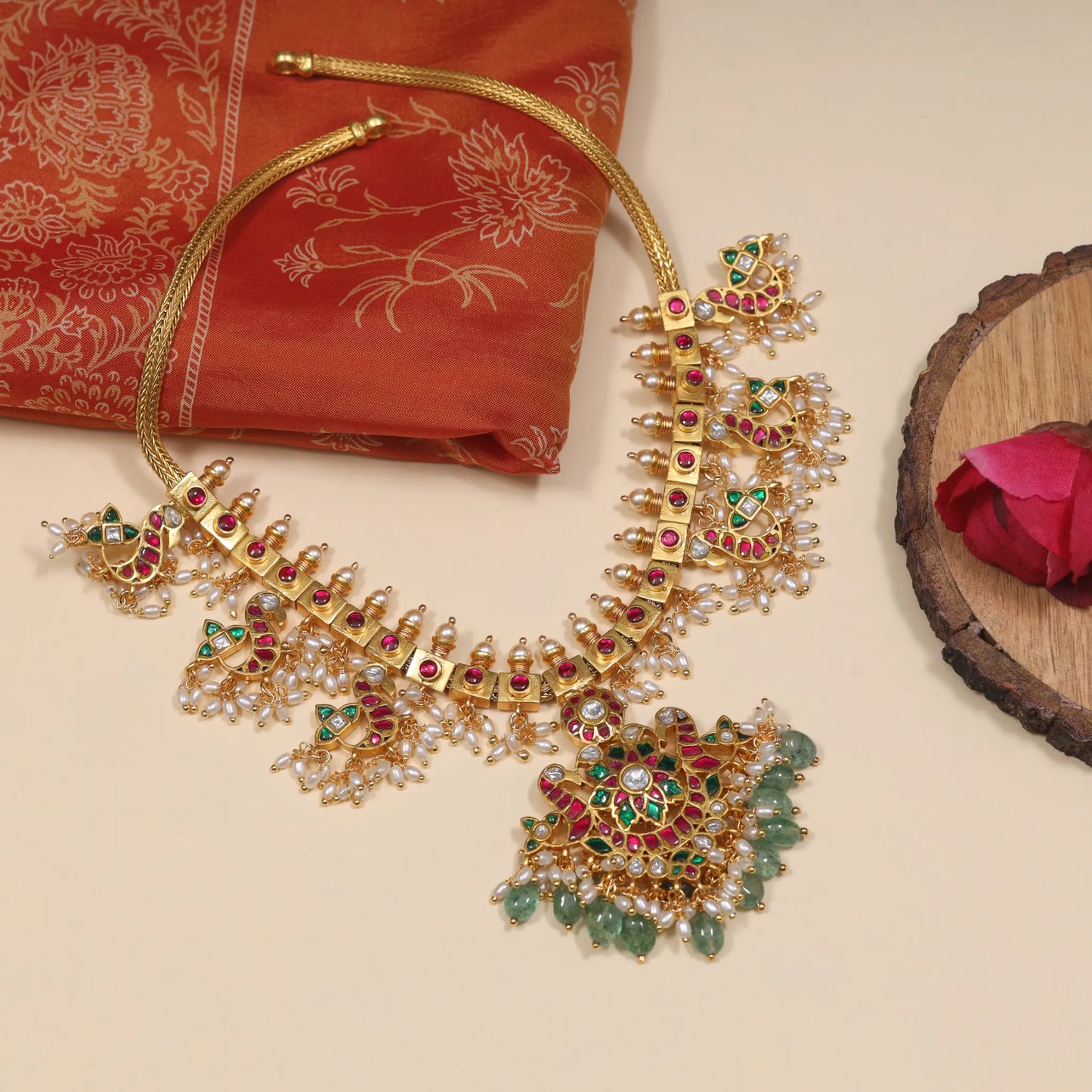 Traditional Peacock Guttapusalu Jadau Kundan Necklace with Emerald Green Hangings and Rice Pearls