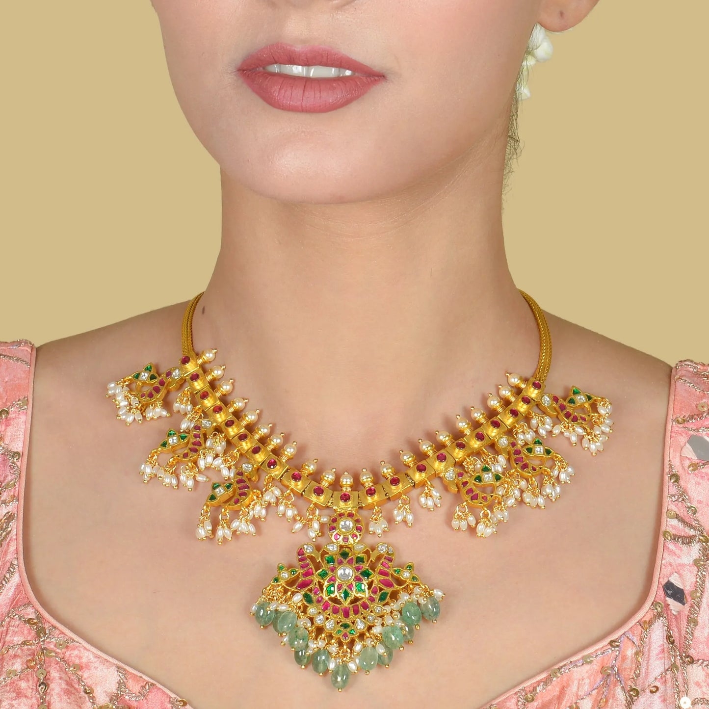 Traditional Peacock Guttapusalu Jadau Kundan Necklace with Emerald Green Hangings and Rice Pearls