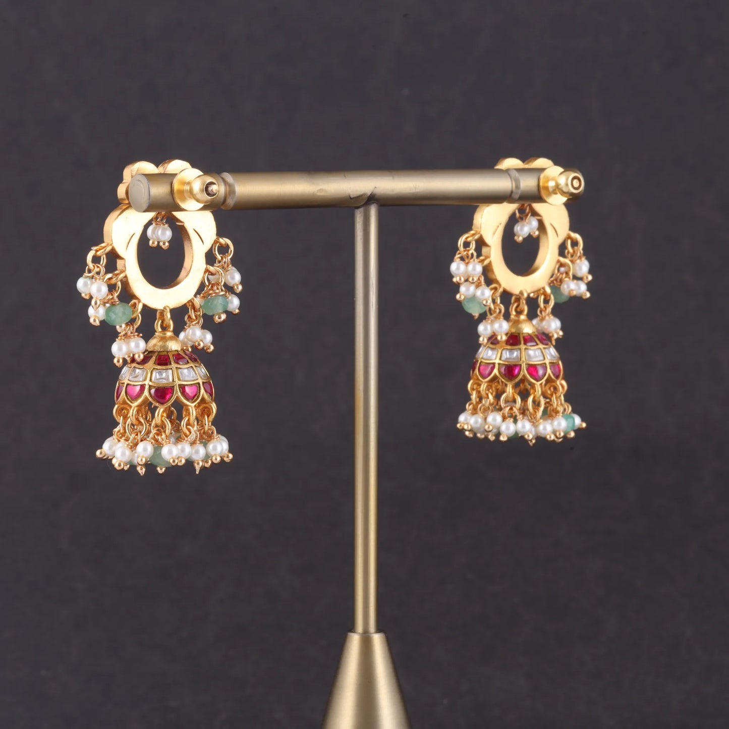 Attractive Designer Jadau Kundan Jhumka Earrings with Pearl And Green Beads Hangings