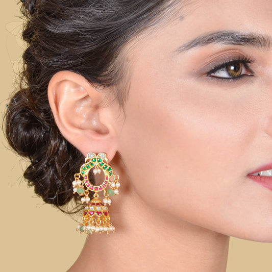 Attractive Designer Jadau Kundan Jhumka Earrings with Pearl And Green Beads Hangings