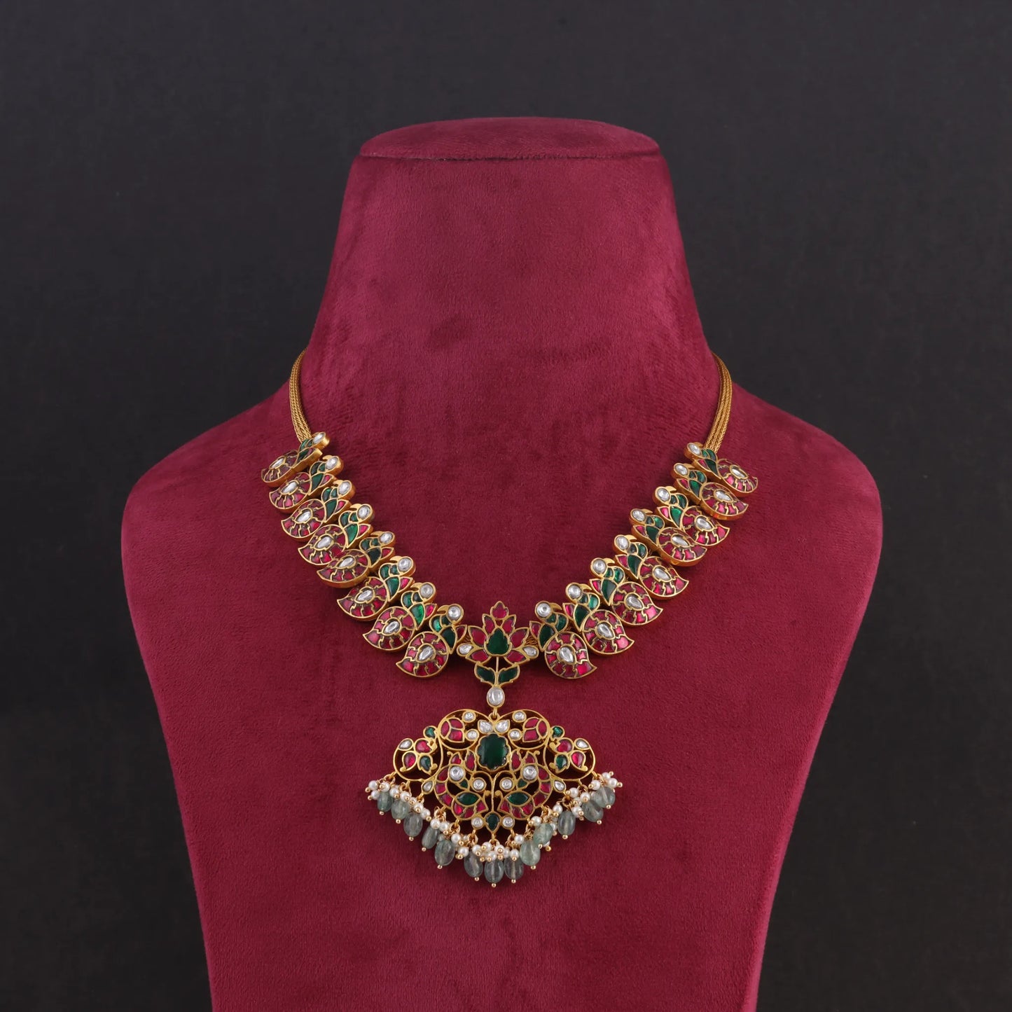 Traditional Style Mango Jadau Kundan Necklace with Emerald Green Beads Hangings