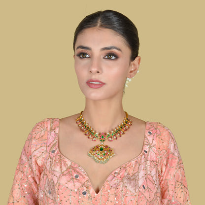 Traditional Style Mango Jadau Kundan Necklace with Emerald Green Beads Hangings