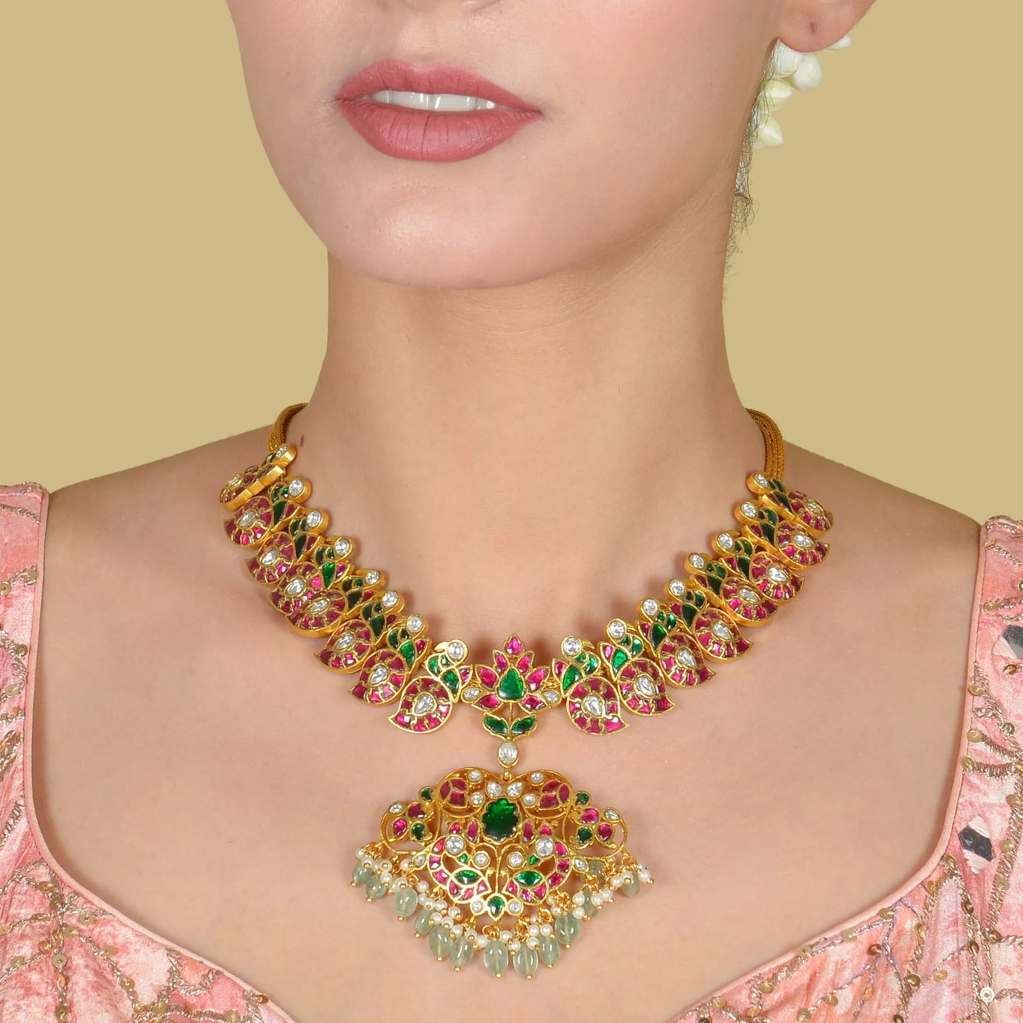 Traditional Style Mango Jadau Kundan Necklace with Emerald Green Beads Hangings