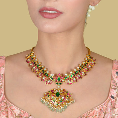 Traditional Style Mango Jadau Kundan Necklace with Emerald Green Beads Hangings