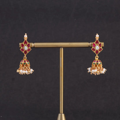 Classy Jadau Kundan Floral Jhumka Earrings with Pearl Hangings