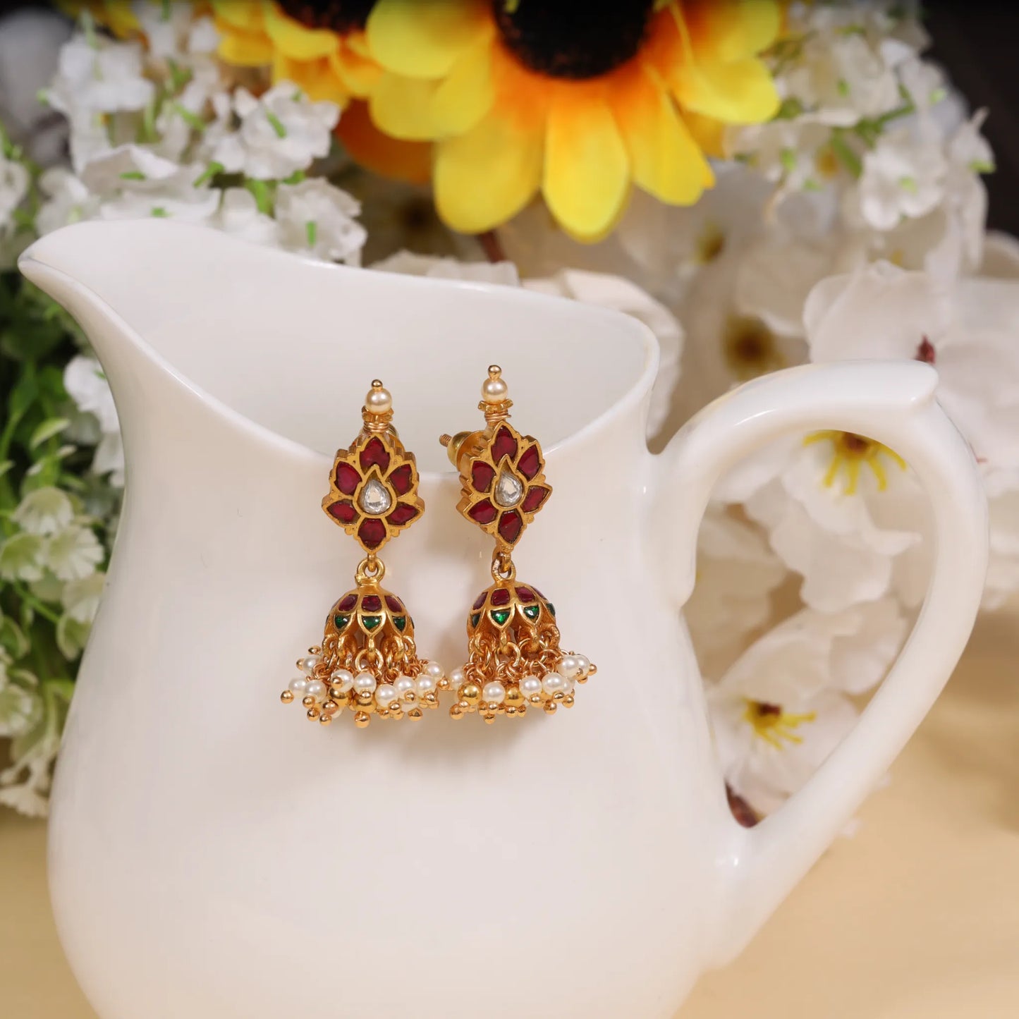 Classy Jadau Kundan Floral Jhumka Earrings with Pearl Hangings