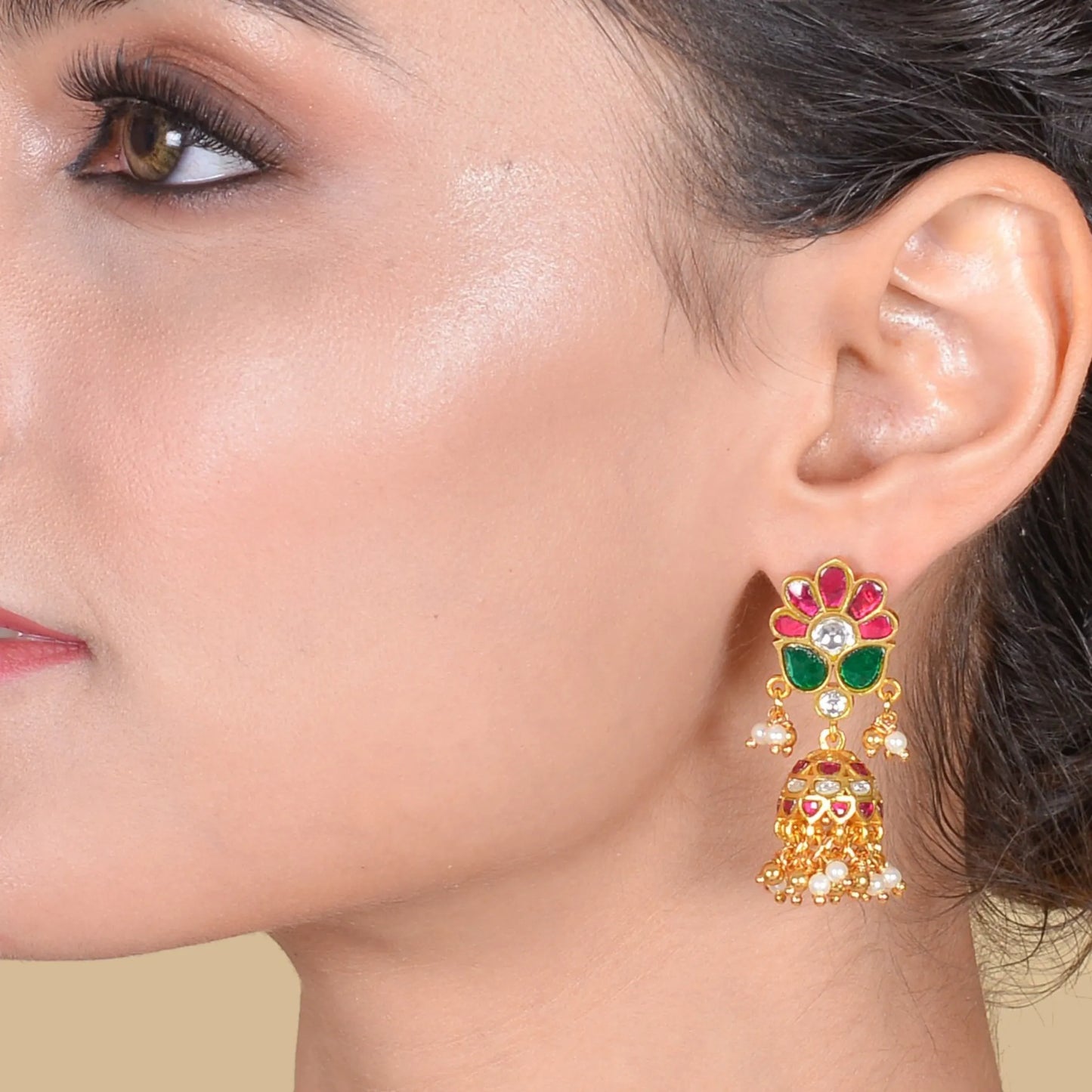 Pretty Jadau Kundan Designer Jhumka Earrings with Pearl Hangings