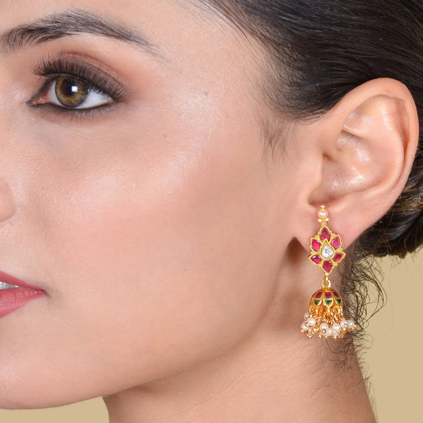 Classy Jadau Kundan Floral Jhumka Earrings with Pearl Hangings