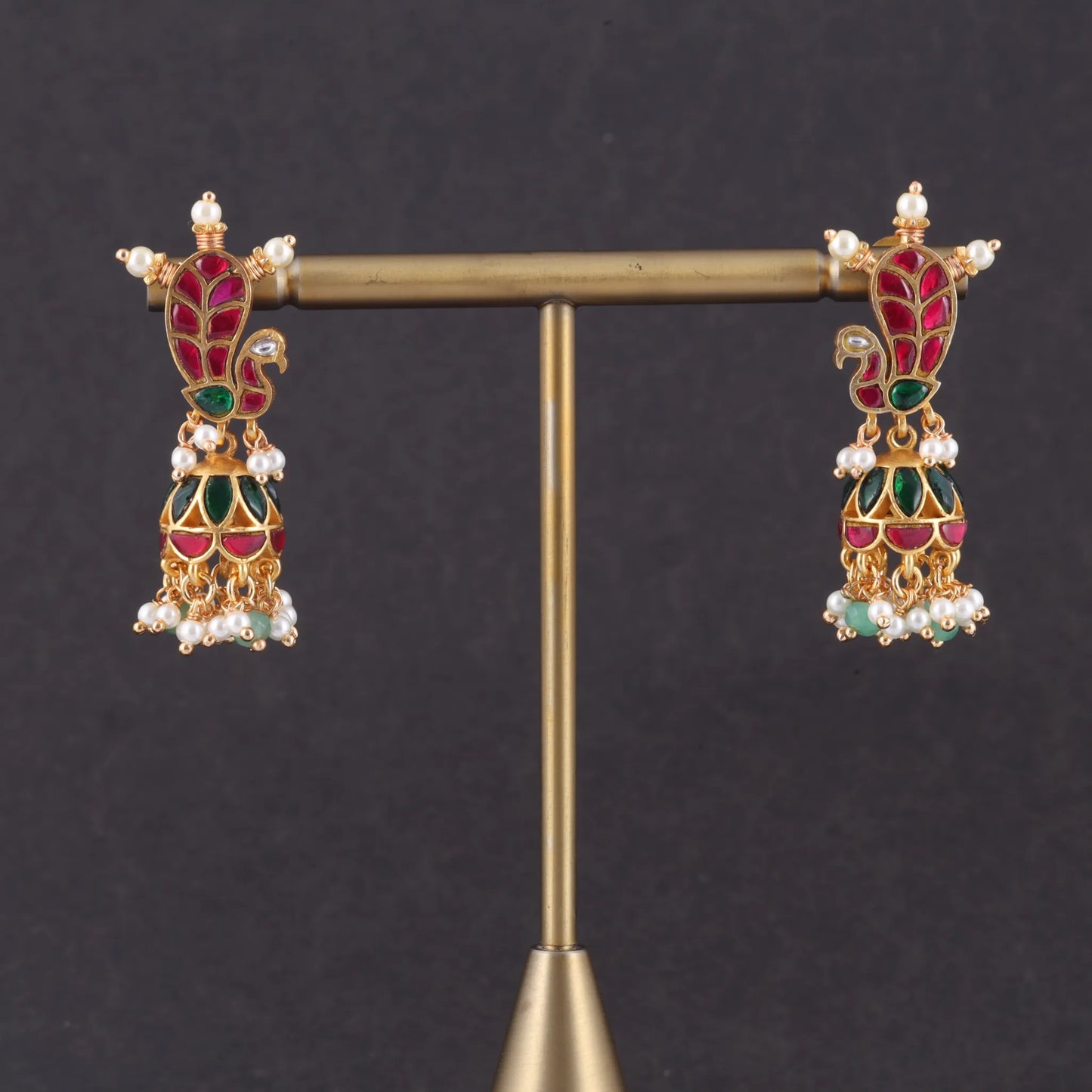 Designer Peacock Jadau Kundan Jhumka Earrings with Pearl and Green Beads Hangings