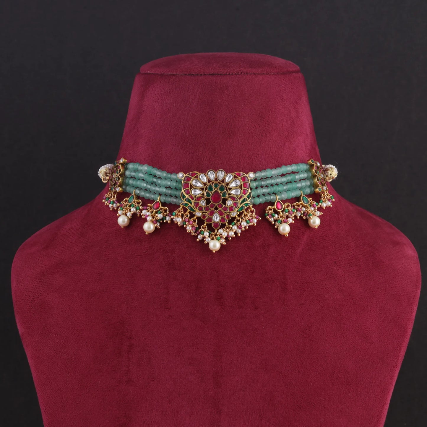 Stylish Designer Jadau Kundan Choker with Beautiful Emerald Green Beads