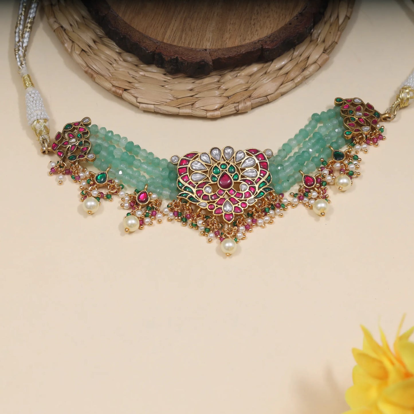 Stylish Designer Jadau Kundan Choker with Beautiful Emerald Green Beads