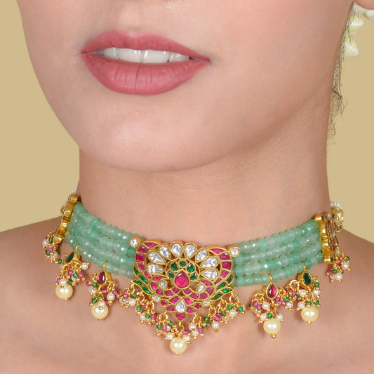 Stylish Designer Jadau Kundan Choker with Beautiful Emerald Green Beads