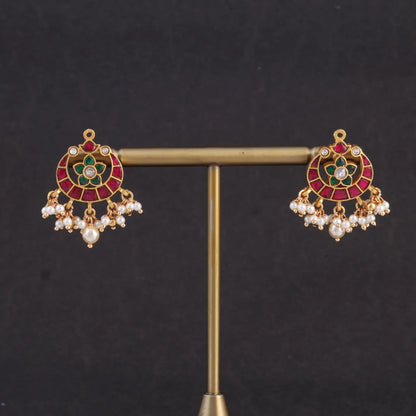 Trendy Designer Jadau Kundan Stud Earrings with Pearl Beads Hangings