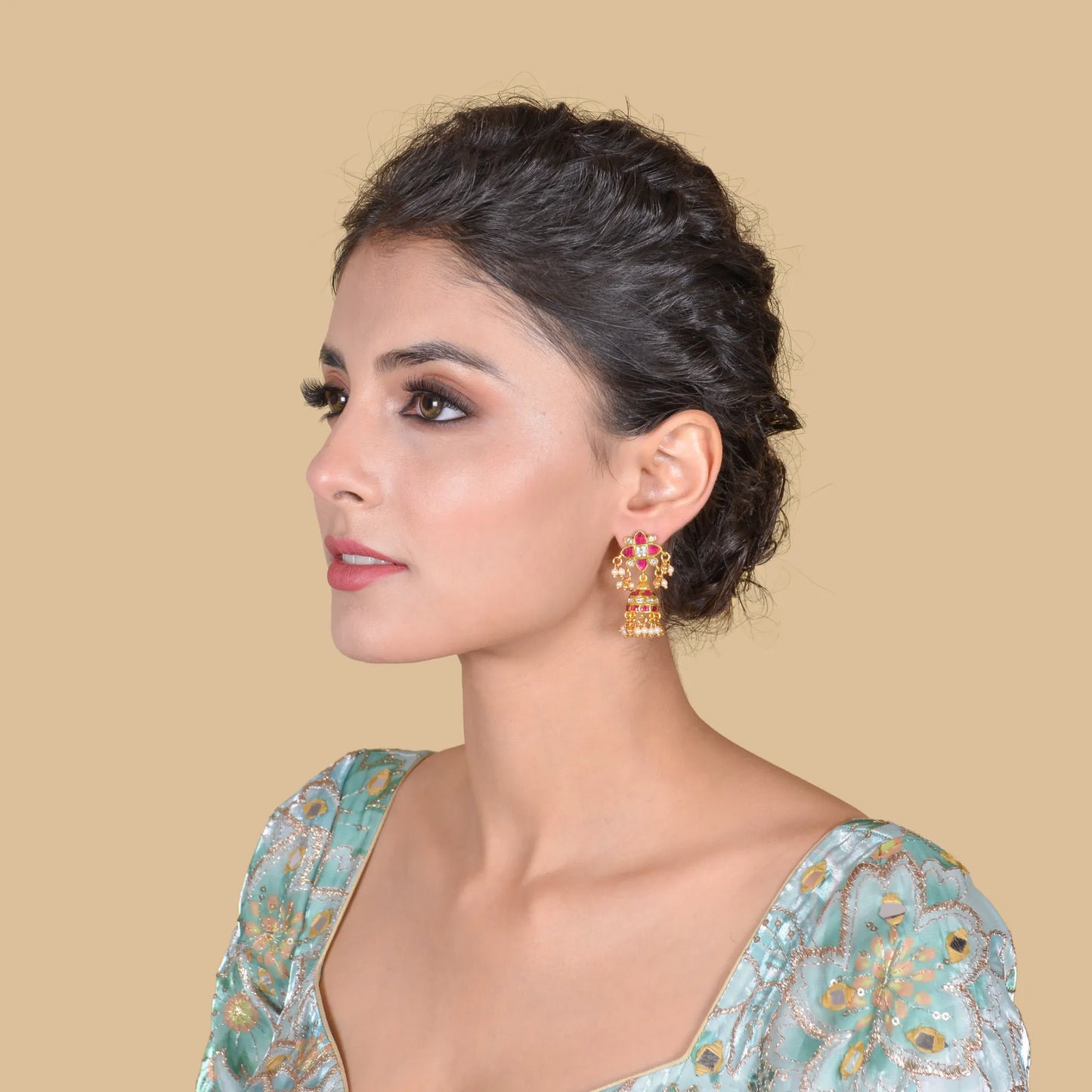 Dainty Jadau Kundan Jhumka Earrings with Pearl Hangings