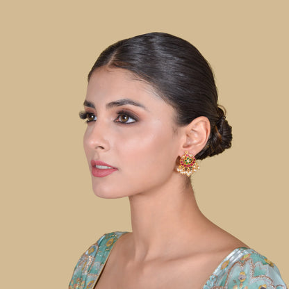 Trendy Designer Jadau Kundan Stud Earrings with Pearl Beads Hangings