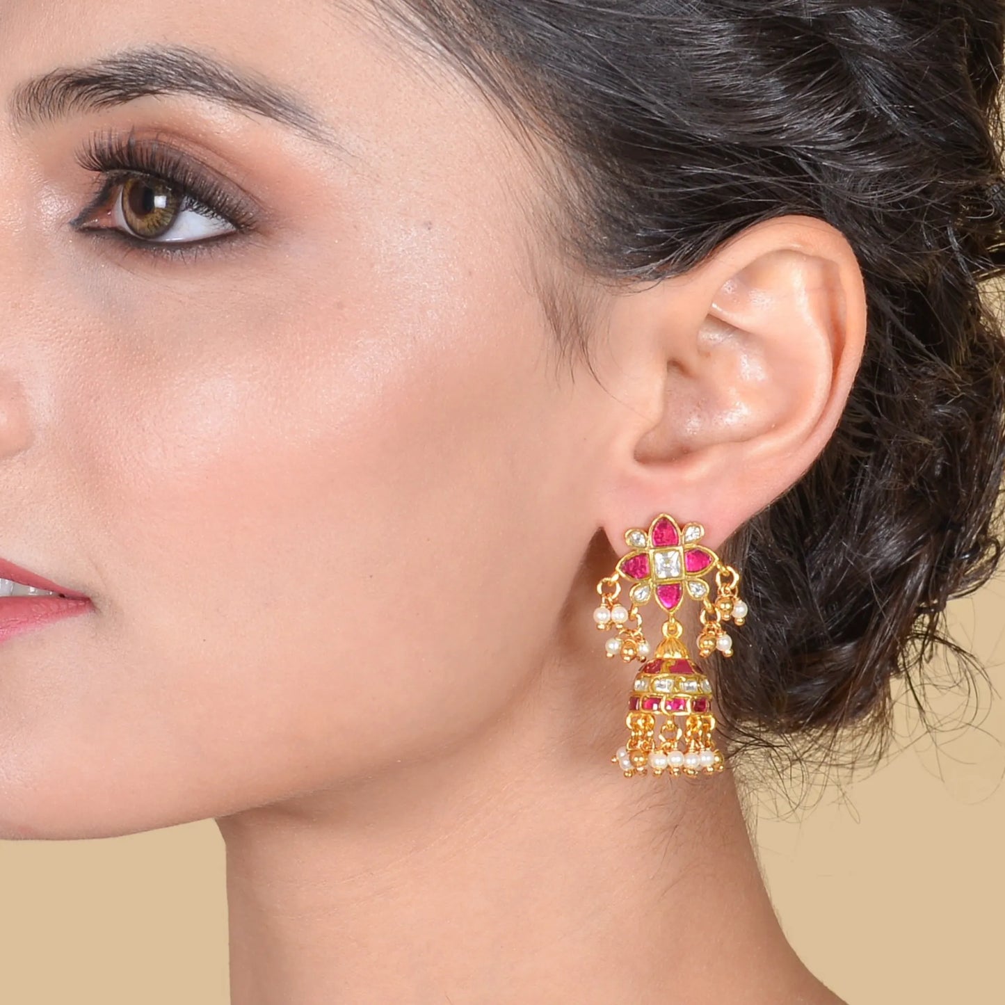 Dainty Jadau Kundan Jhumka Earrings with Pearl Hangings