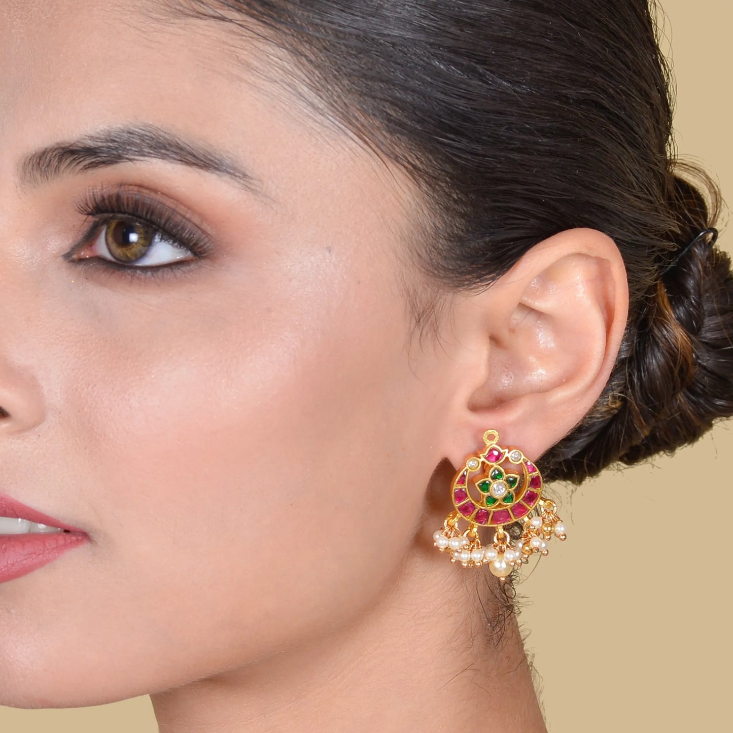 Trendy Designer Jadau Kundan Stud Earrings with Pearl Beads Hangings