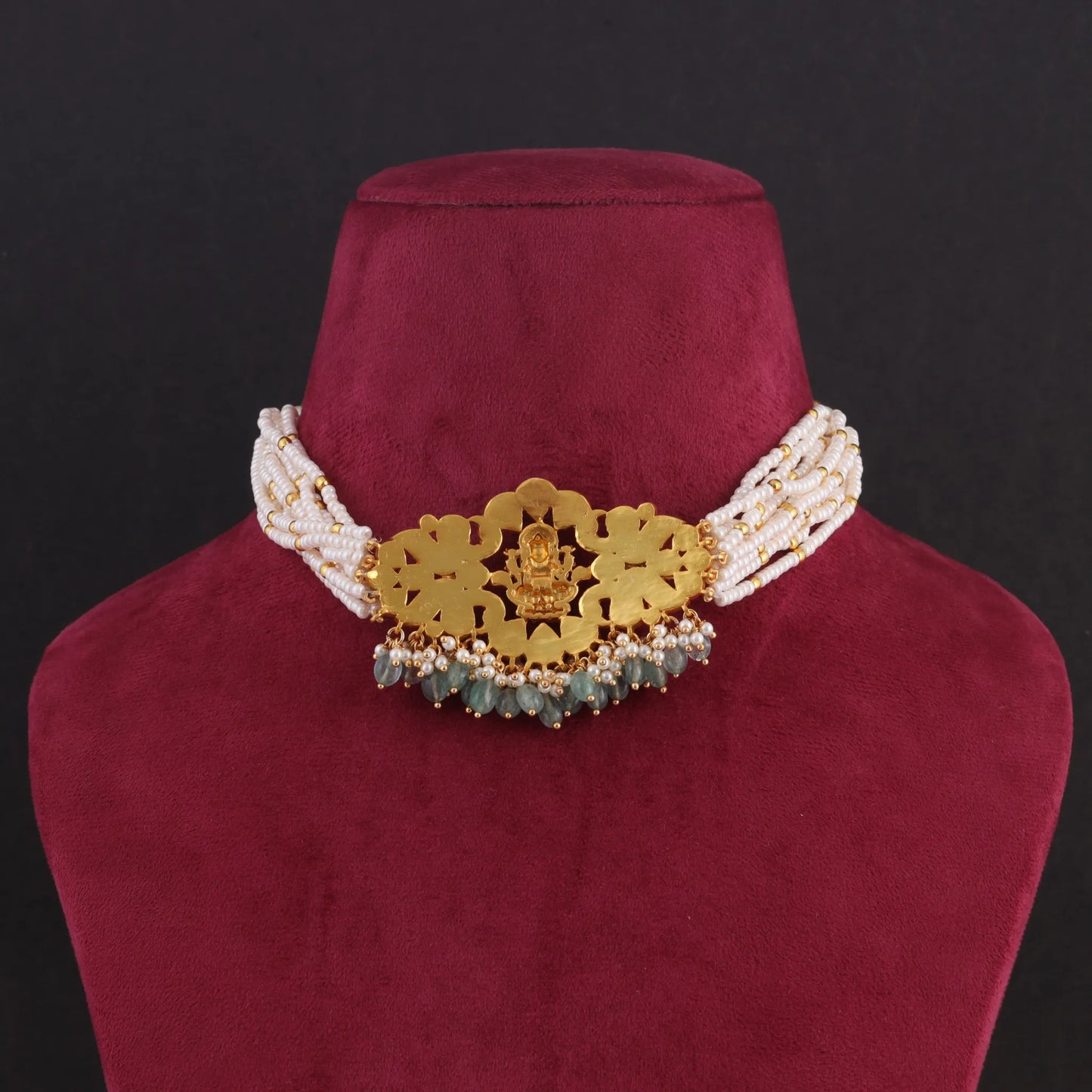 Traditional Lakshmi Nakshi Jadau Kundan Choker with Pearls and  Green Beads Hangings