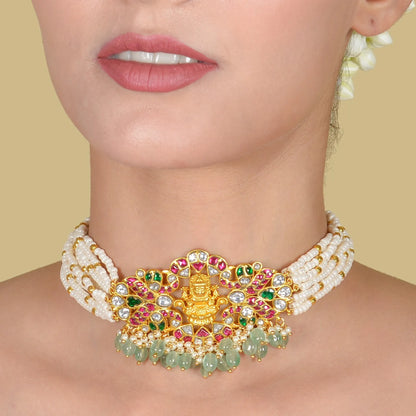 Traditional Lakshmi Nakshi Jadau Kundan Choker with Pearls and  Green Beads Hangings