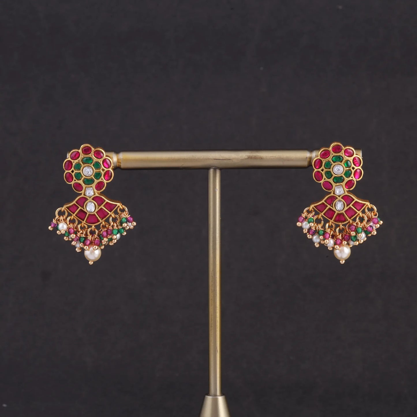 Exclusive Floral Motif Jadau Kundan Earrings with Pearl, Read and and Green Beads Hangings