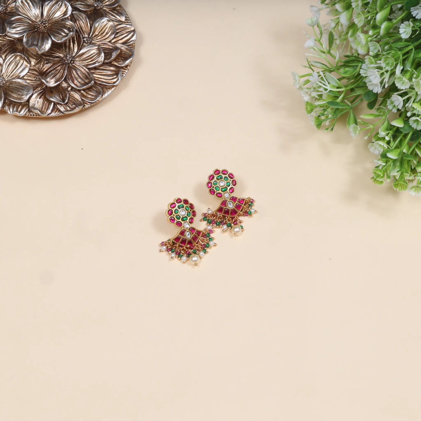 Exclusive Floral Motif Jadau Kundan Earrings with Pearl, Read and and Green Beads Hangings