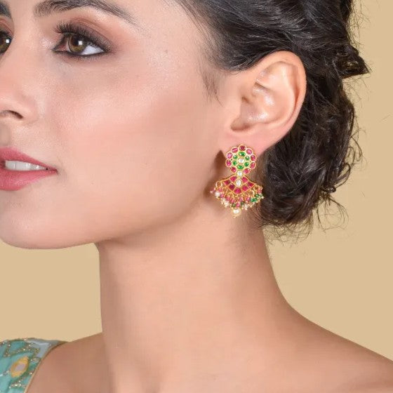 Exclusive Floral Motif Jadau Kundan Earrings with Pearl, Read and and Green Beads Hangings