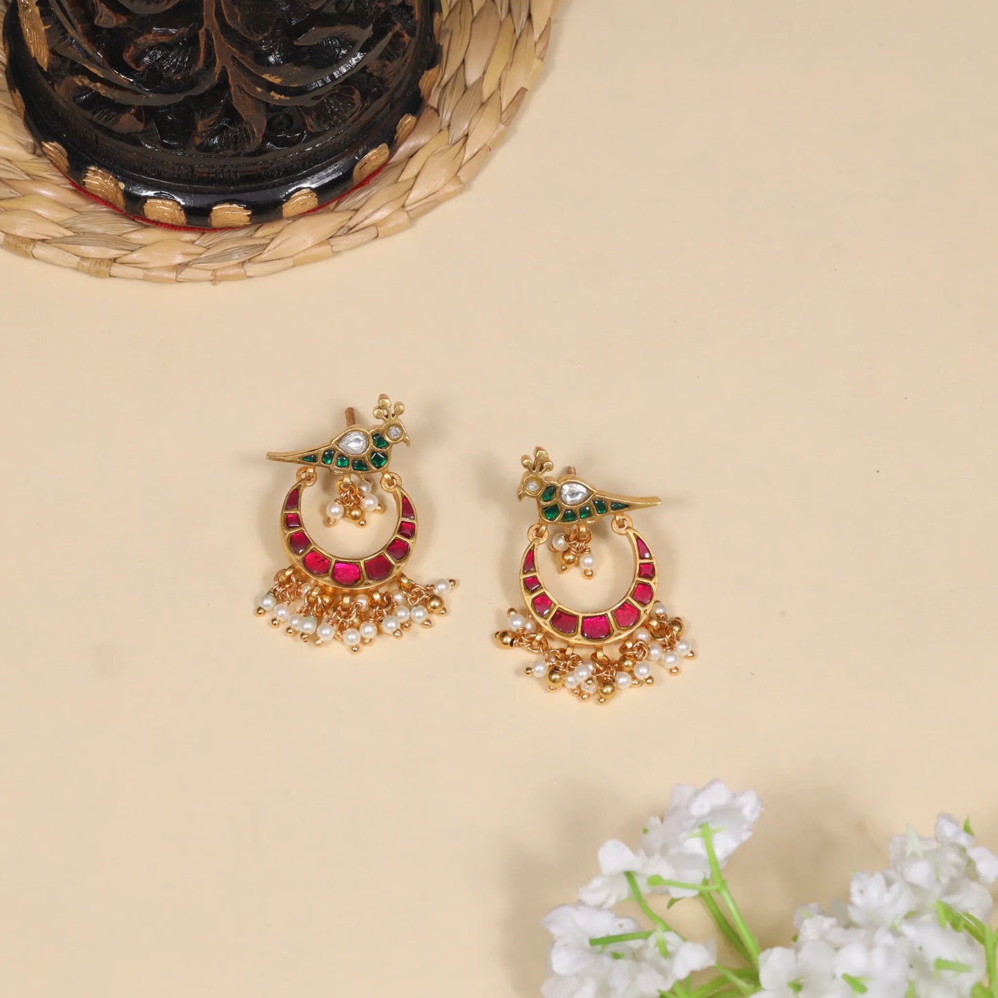 Pretty Peacock Jadau Kundan Chandbali Earrings with Pearl Beads