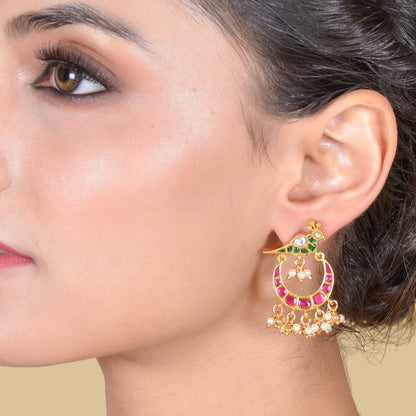 Pretty Peacock Jadau Kundan Chandbali Earrings with Pearl Beads