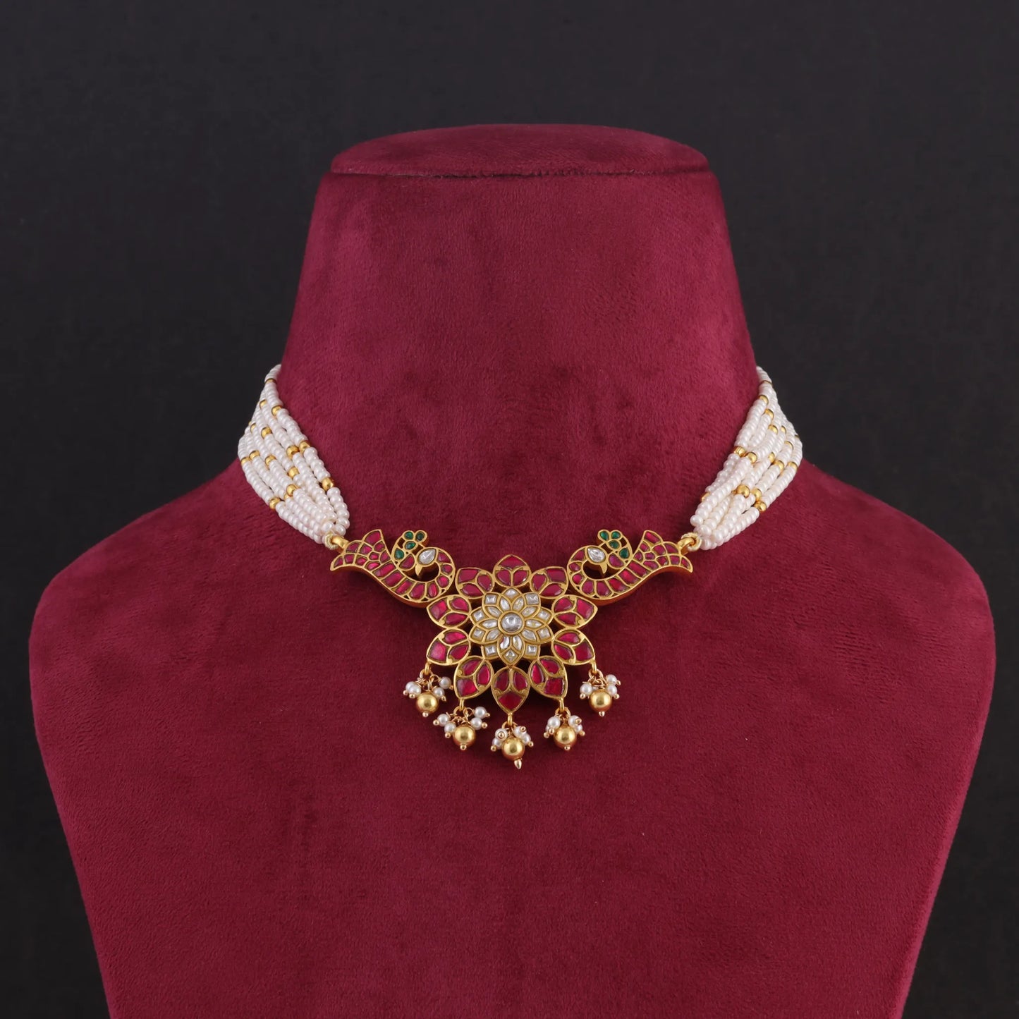 Vibrant Floral Peacock Designer Jadau Kundan Beads Choker