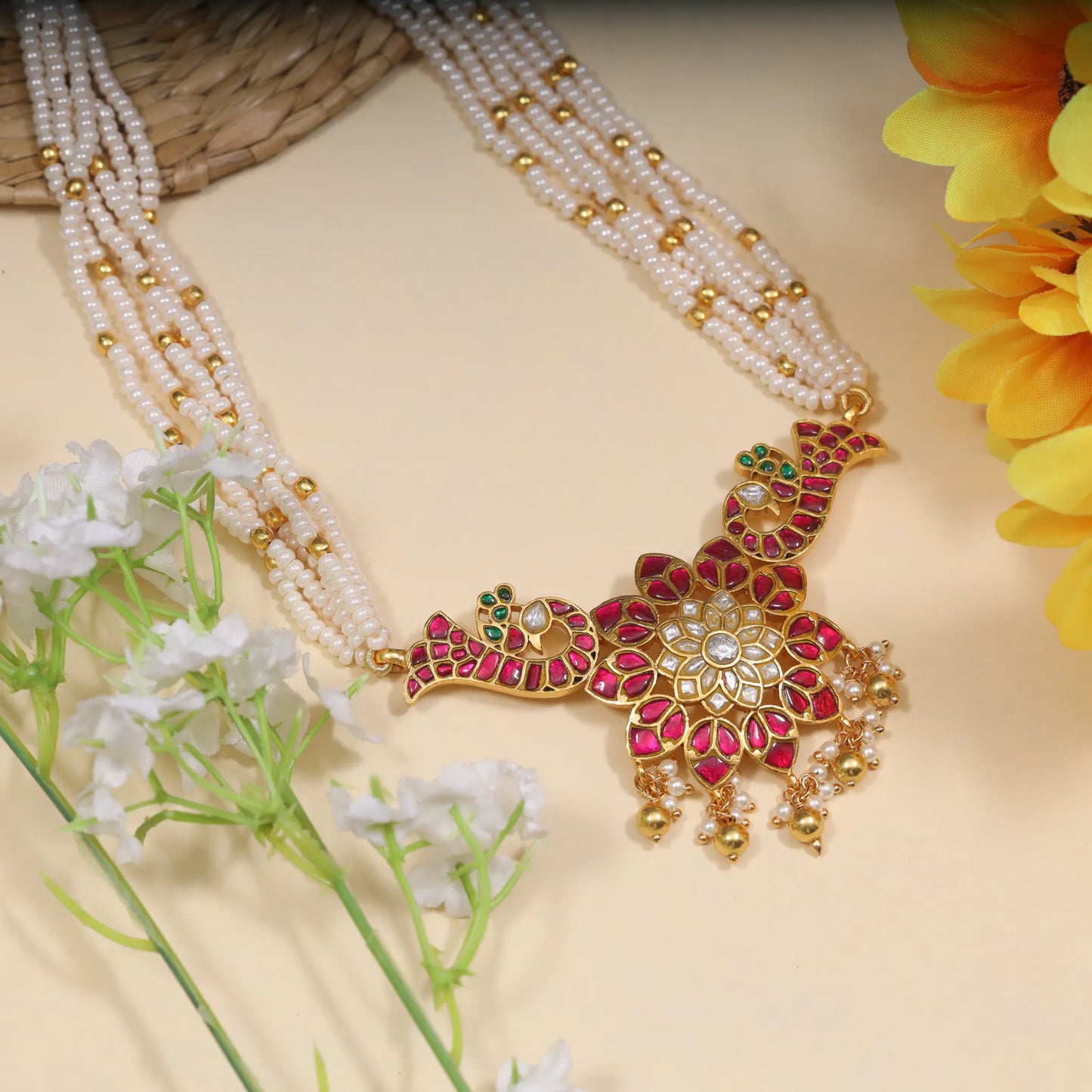 Vibrant Floral Peacock Designer Jadau Kundan Beads Choker