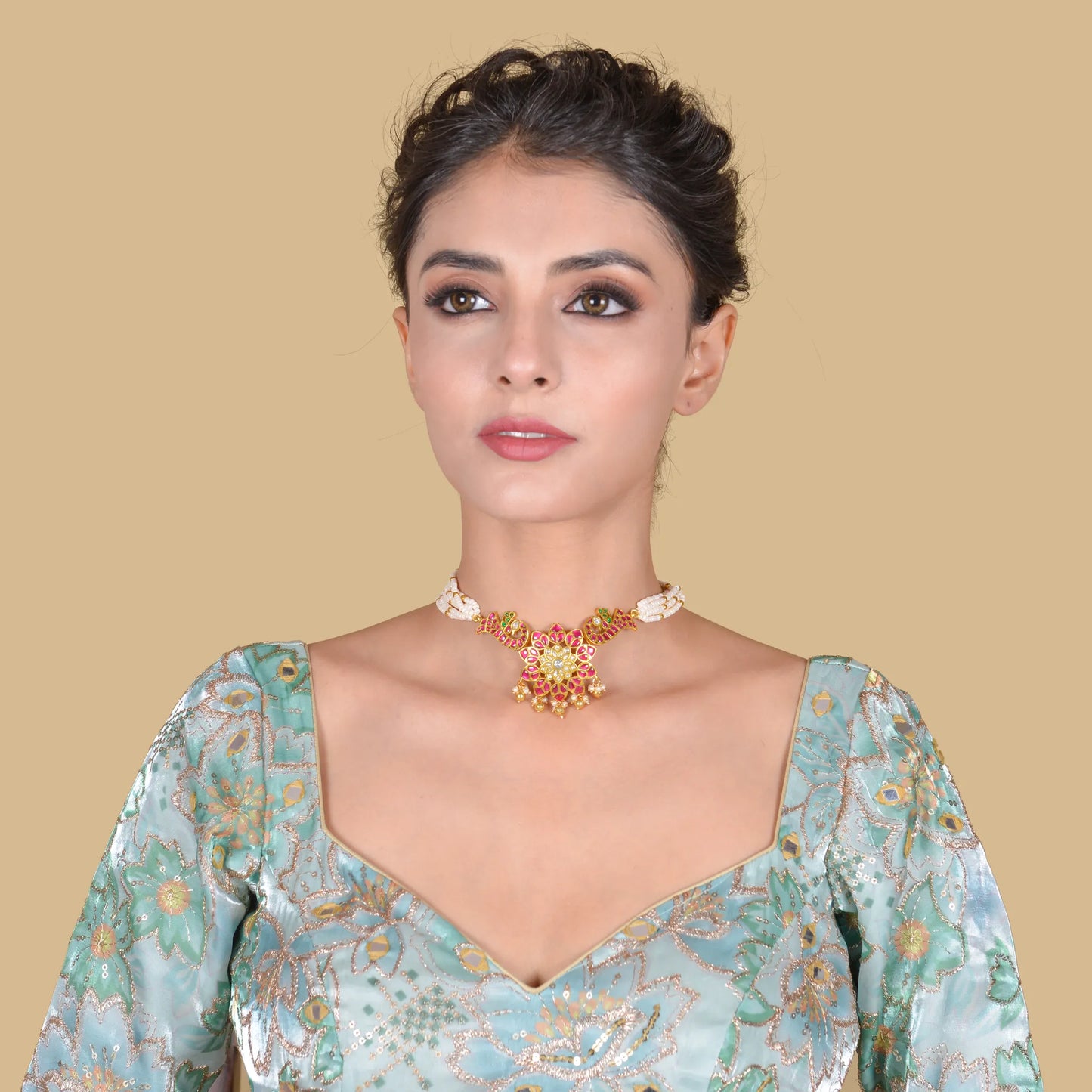 Vibrant Floral Peacock Designer Jadau Kundan Beads Choker