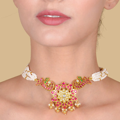 Vibrant Floral Peacock Designer Jadau Kundan Beads Choker