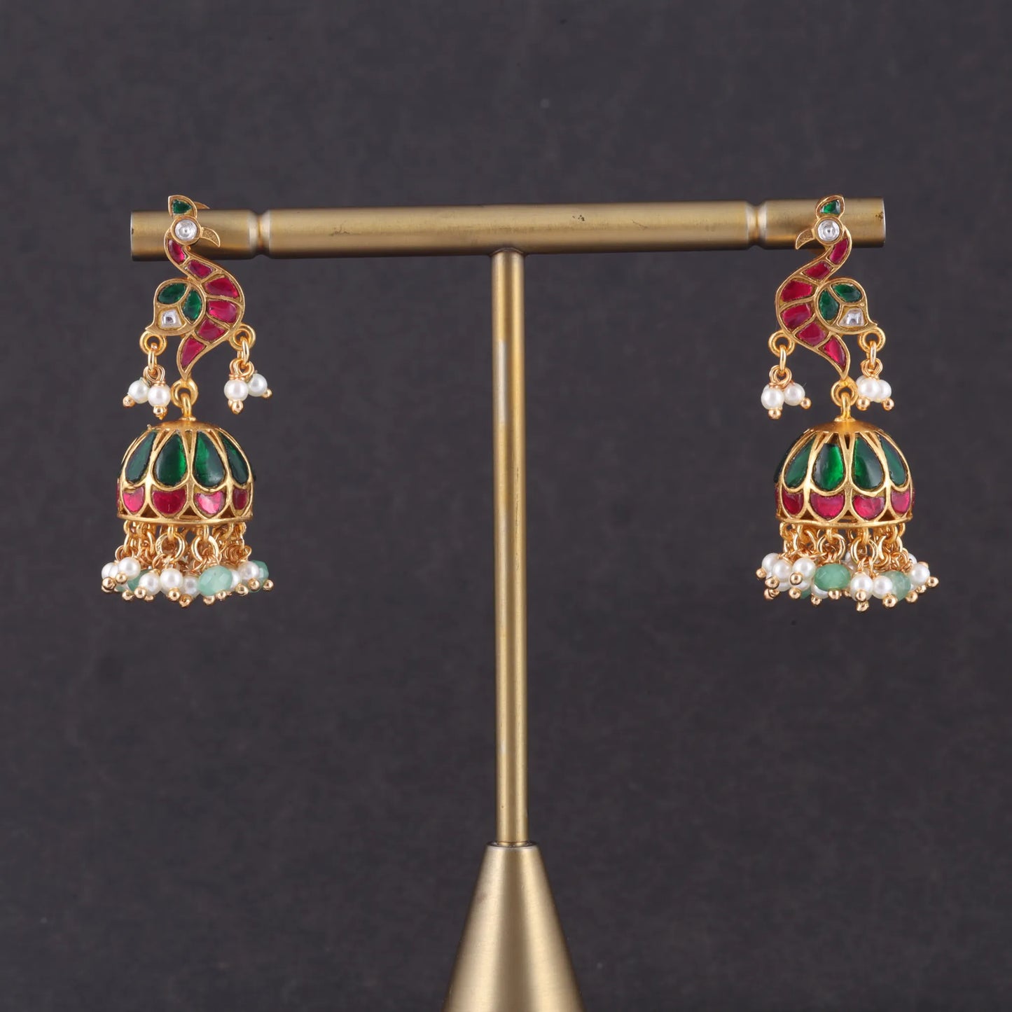 Regal Designer Peacock Jadau Kundan Jhumka Earrings with Pearl and Green Beads Hangings