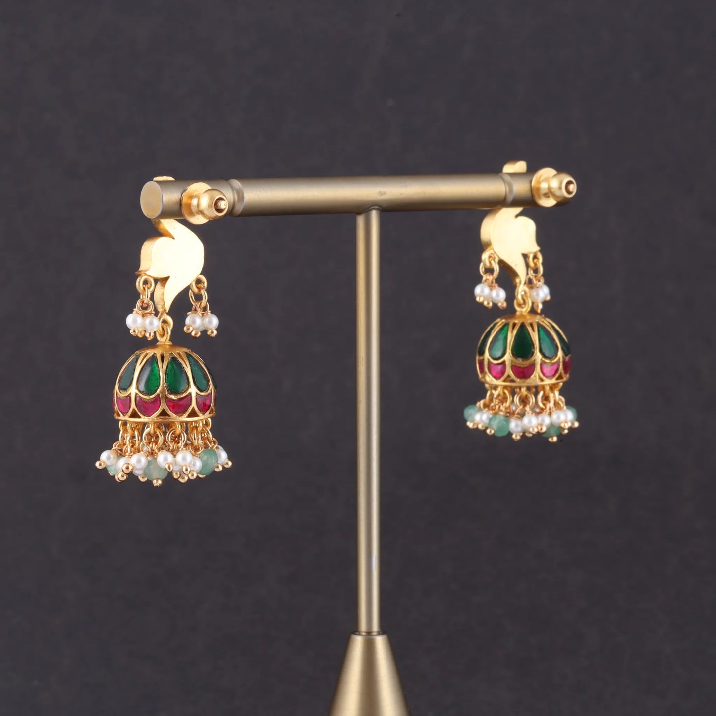 Regal Designer Peacock Jadau Kundan Jhumka Earrings with Pearl and Green Beads Hangings