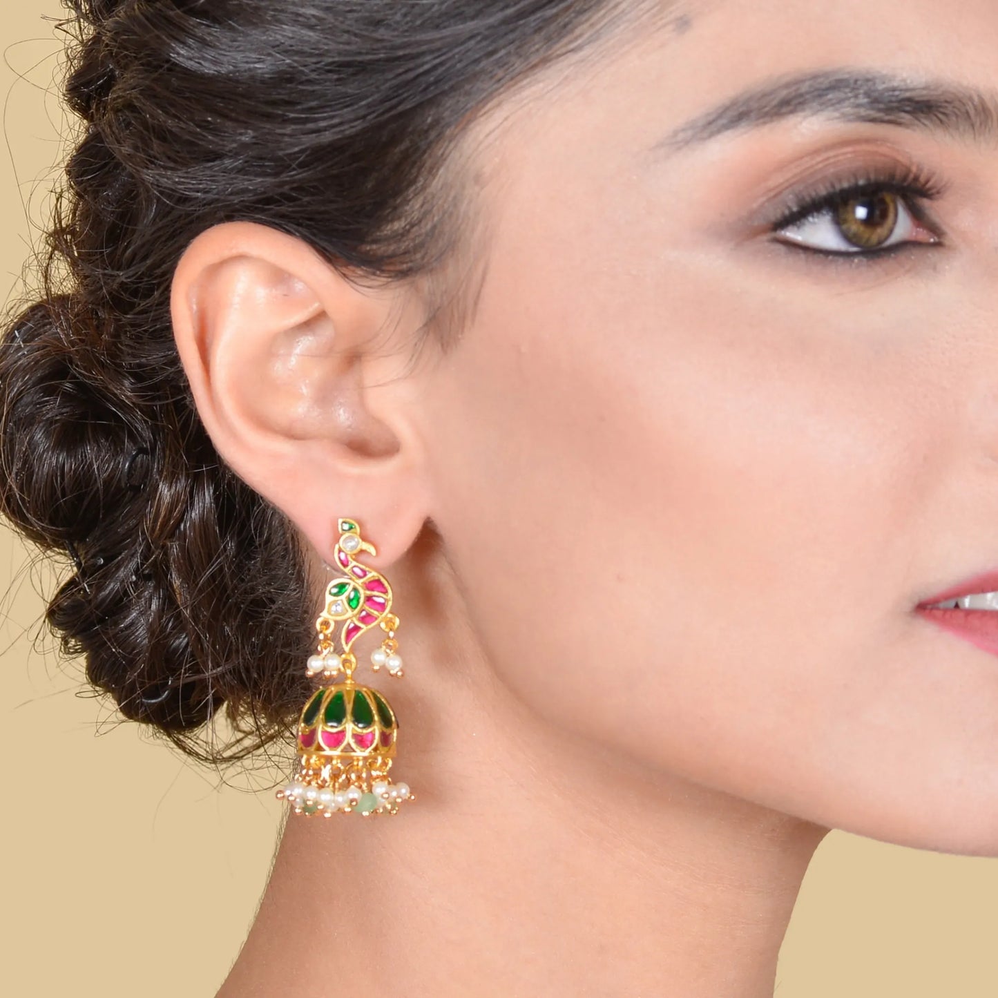 Regal Designer Peacock Jadau Kundan Jhumka Earrings with Pearl and Green Beads Hangings