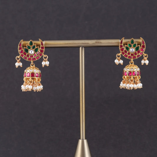 Beautiful Jadau Kundan Chandbali Jhumka Earrings with Pearl Beads Hangings