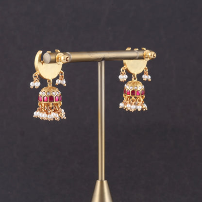 Beautiful Jadau Kundan Chandbali Jhumka Earrings with Pearl Beads Hangings