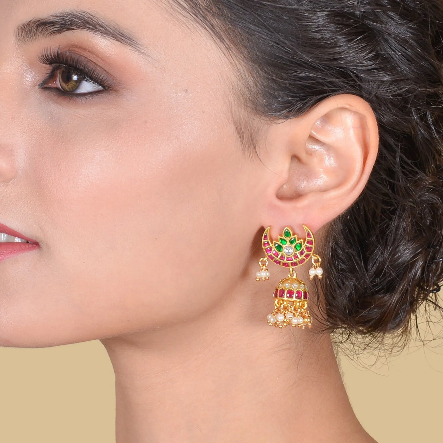 Beautiful Jadau Kundan Chandbali Jhumka Earrings with Pearl Beads Hangings