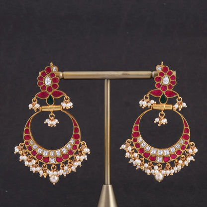 Designer Mango Jadau Kundan Chandbali Earrings with Pearl Beads Hangings