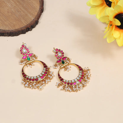 Designer Mango Jadau Kundan Chandbali Earrings with Pearl Beads Hangings