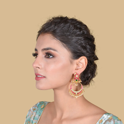 Designer Mango Jadau Kundan Chandbali Earrings with Pearl Beads Hangings