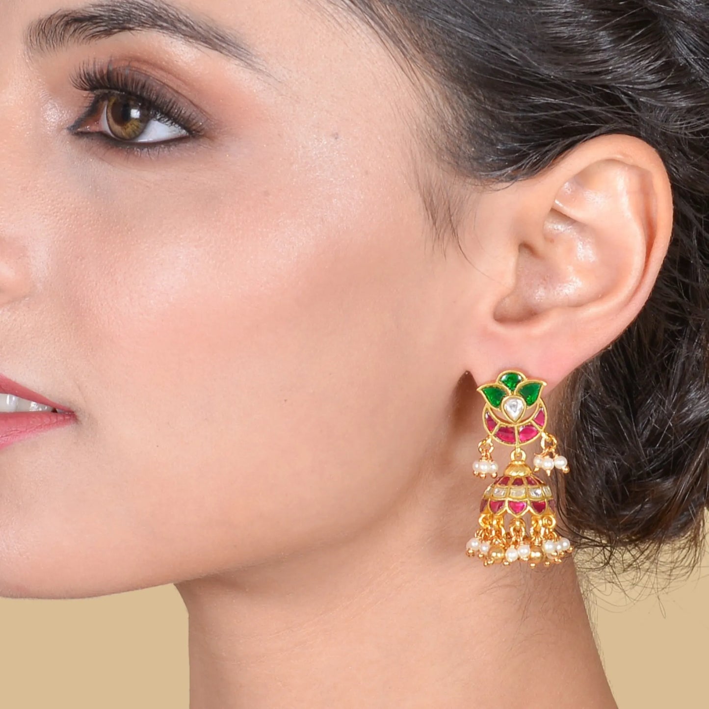 Cute Designer Jadau Kundan Jhumka Earrings with Pearl beads Hangings