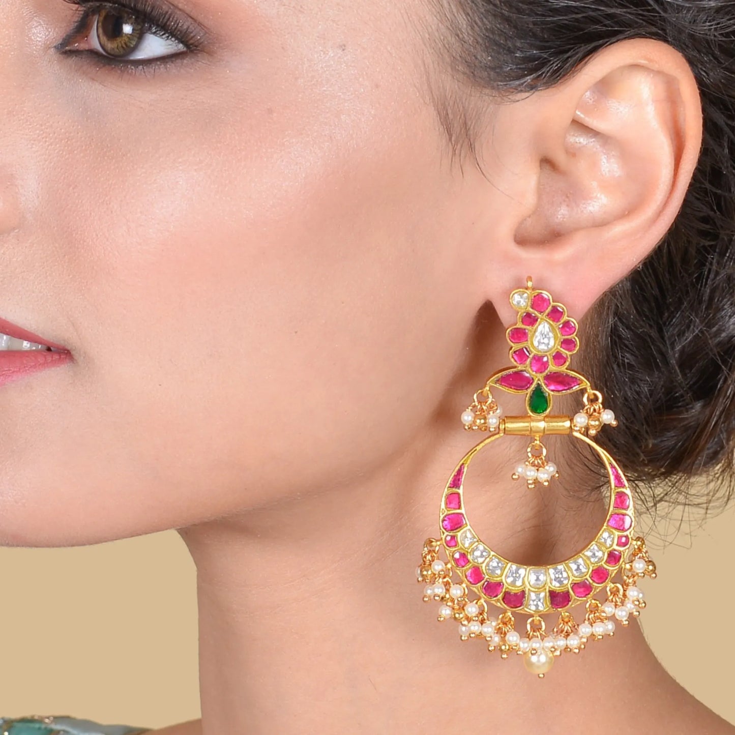 Designer Mango Jadau Kundan Chandbali Earrings with Pearl Beads Hangings