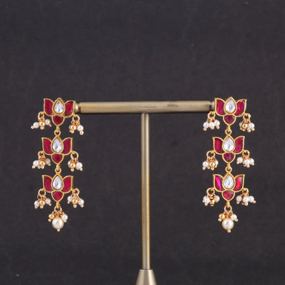 Three Lotus Designer Jadau Kundan Classic Earrings with Pearl Hangings