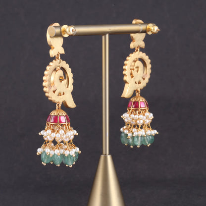 Charming Designer Peacock Jhumka Jadau Kundan Earrings with Green Emerald Beads Hangings