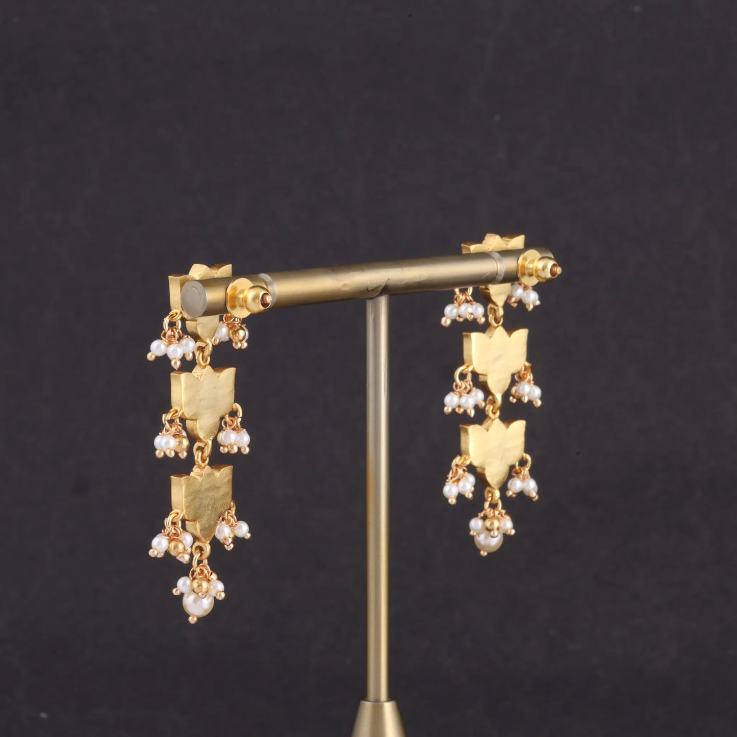 Three Lotus Designer Jadau Kundan Classic Earrings with Pearl Hangings