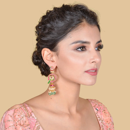 Charming Designer Peacock Jhumka Jadau Kundan Earrings with Green Emerald Beads Hangings