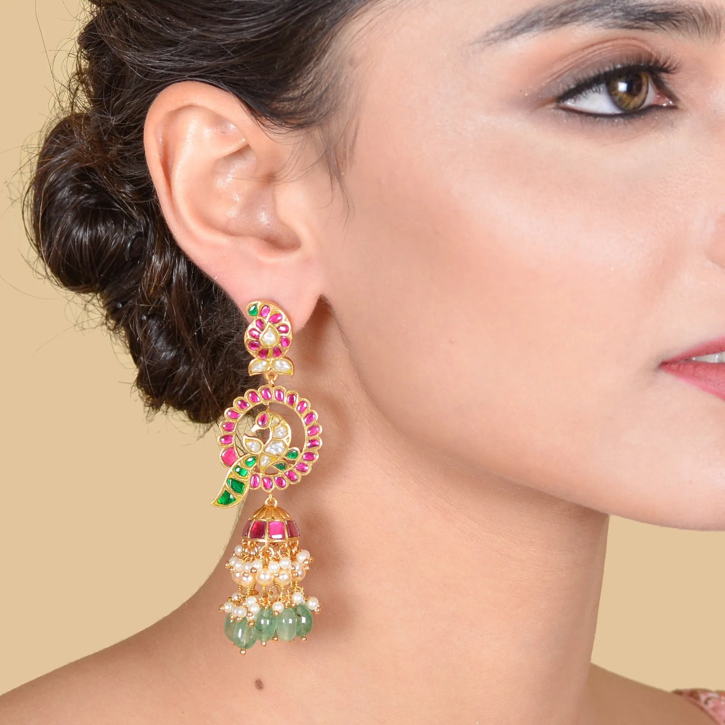 Charming Designer Peacock Jhumka Jadau Kundan Earrings with Green Emerald Beads Hangings